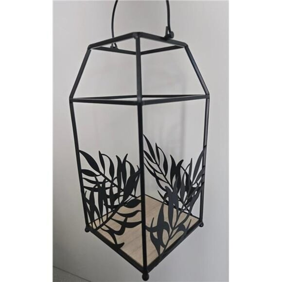 Black Metal Candle Lantern Indoor Outdoor Leaf Design Decorative Centerpiece - Picture 2 of 6